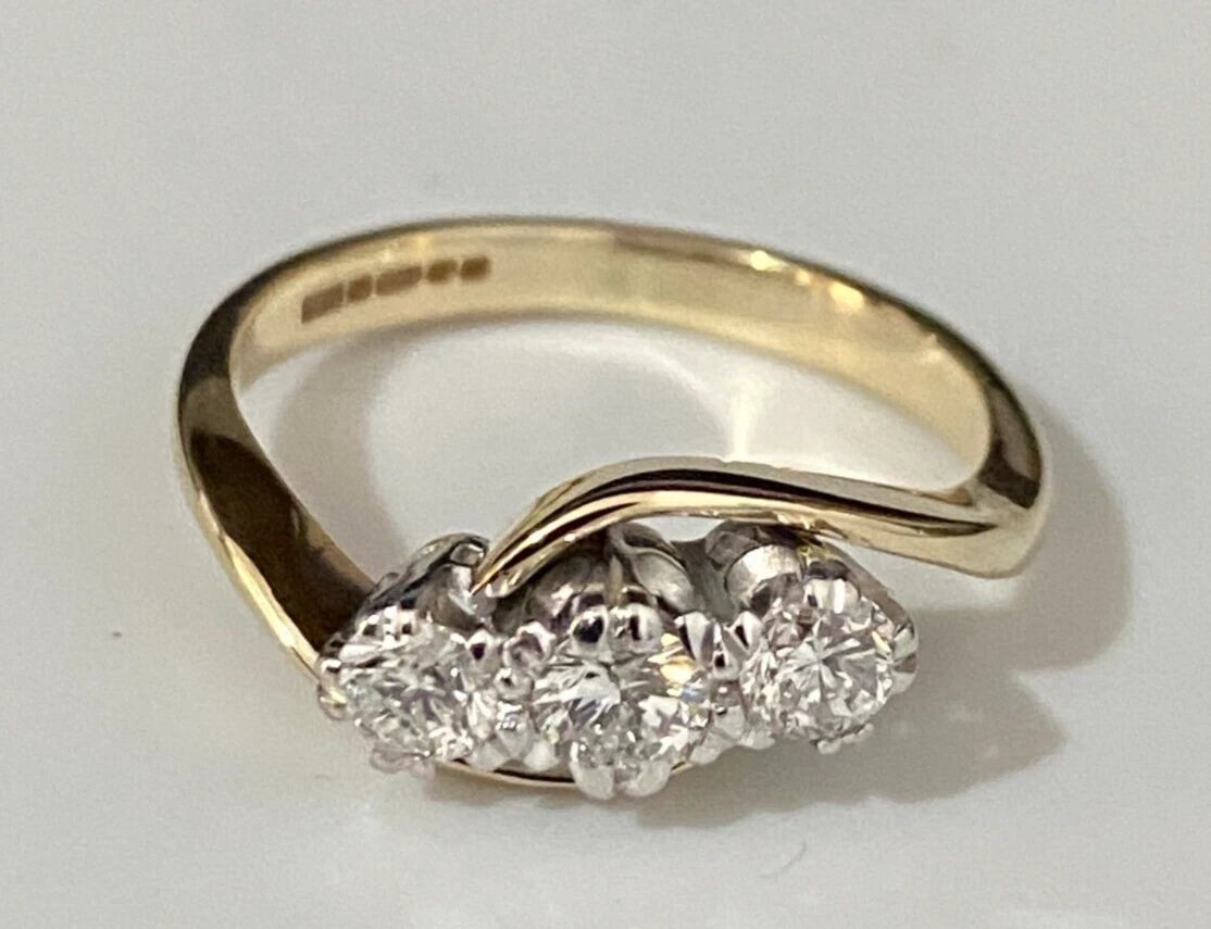 9K Yellow Gold & 0.45CT Diamond Three Stone Ring Size J 1/2 - 5