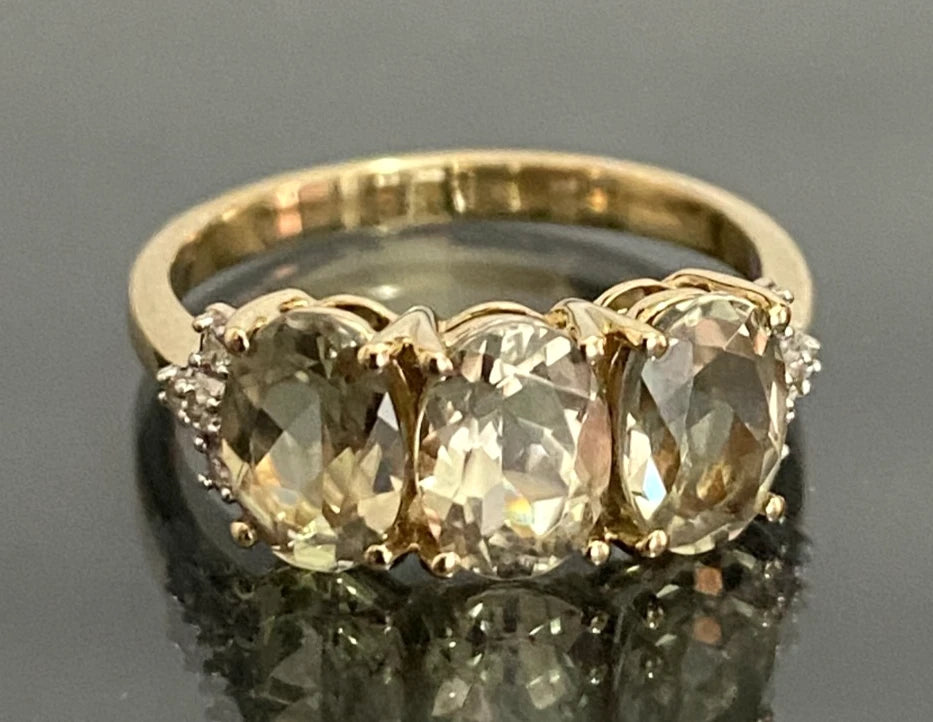 9ct Yellow Gold 2.57ct Csarite & Diamond Three Stone Ring - Size L (US 5.75)