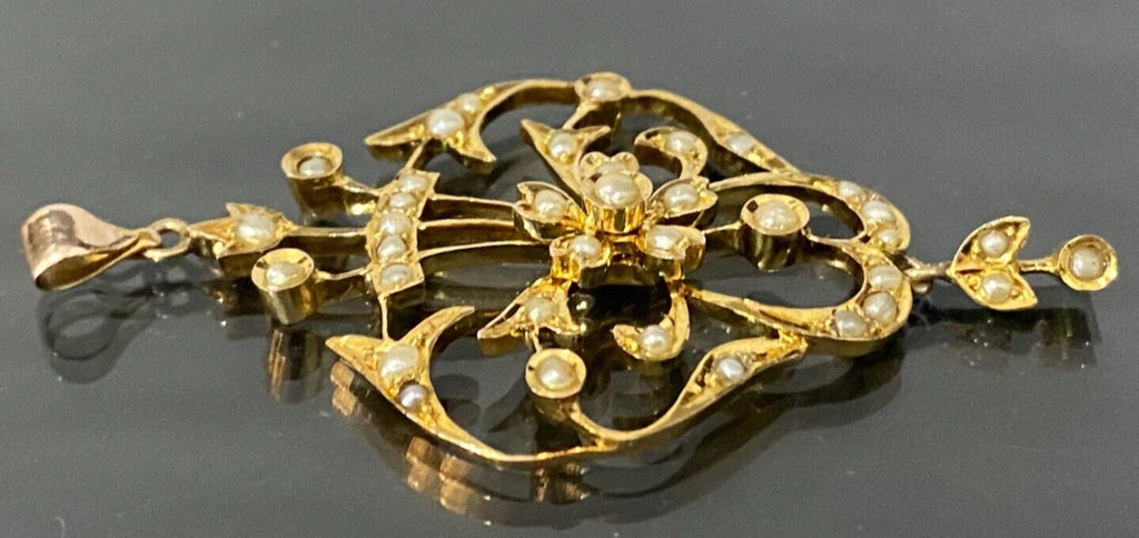 Victorian 9K Yellow Gold & Pearl Pendant 62mm High