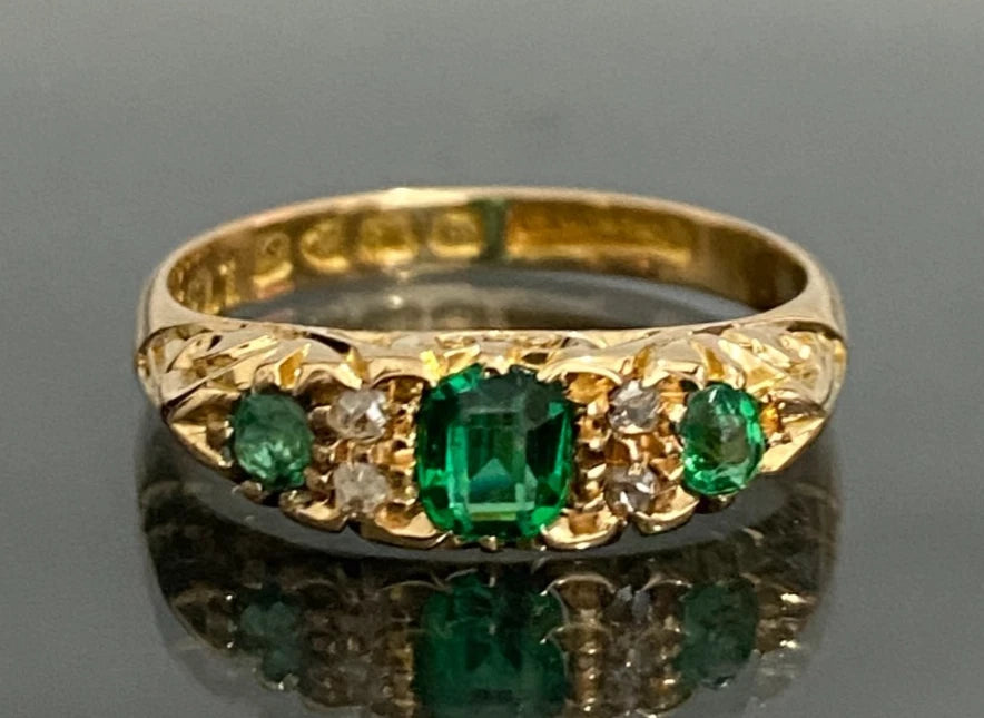 Edwardian 18K Yellow Gold W/ Green Garnet & Diamond Ring C1907 Size L 1/2 (US 6)
