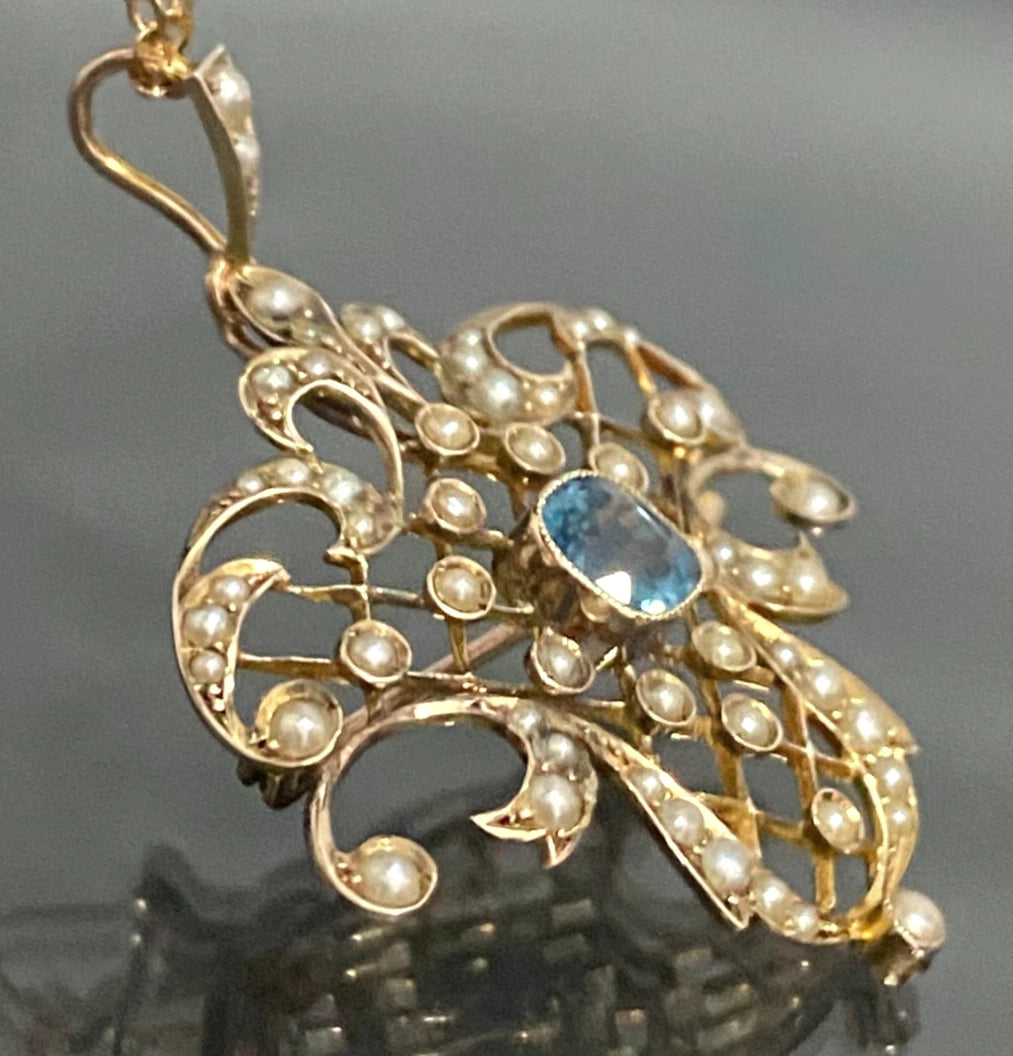 Edwardian 9ct Yellow Gold Aquamarine & Seed Pearl Drop Pendant Brooch – 42.5mm