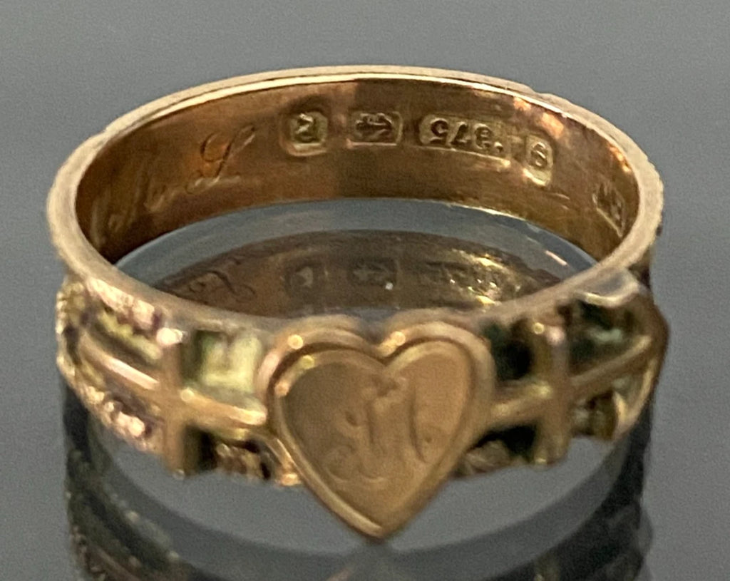 Victorian 9K gold Faith Hope & Charity Woven Hair 'JA' Initial Ring C1879