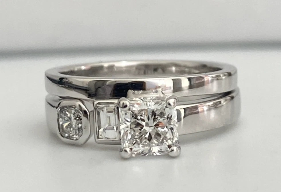 18K White Gold Modern Asymmetrical Diamond Bridal Ring Set - Size J 1/2 (US 5)