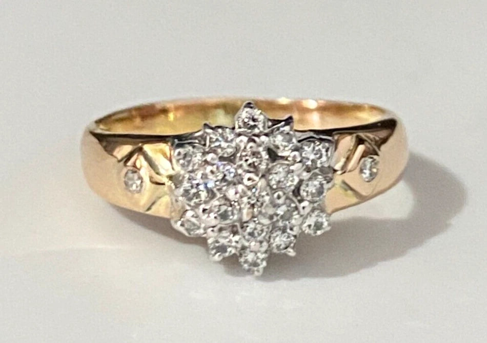 14K Yellow Gold & 0.25CT Diamond Cluster Ring Size L - 5 1/2