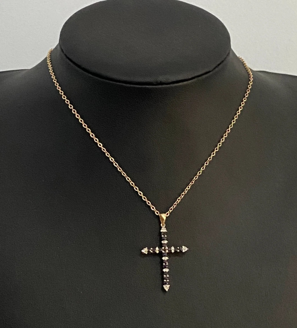 9K Yellow Gold W/ Sapphire & Diamond Cross Pendant 36mm High