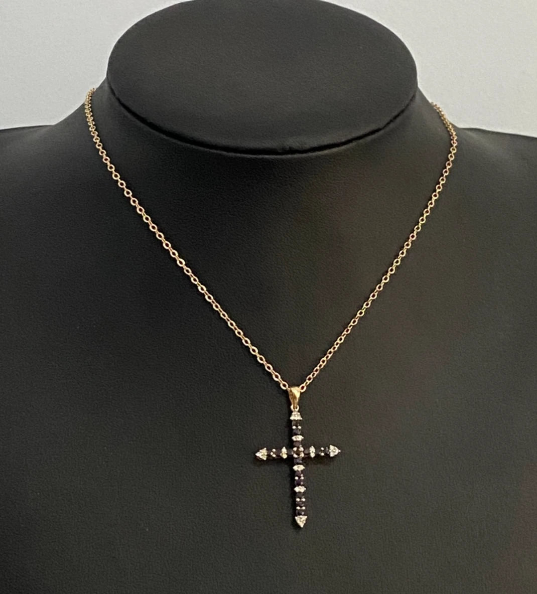 9K Yellow Gold W/ Sapphire & Diamond Cross Pendant 36mm High