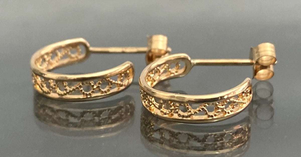 9CT Yellow Gold Filigree Openwork Half Hoop Earrings