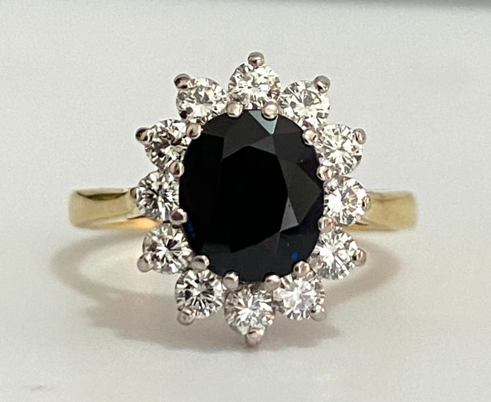18K Yellow Gold Sapphire & Diamond Cluster Ring - Size J (US 4.75)