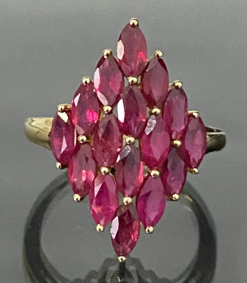 9K Yellow Gold & 2.20CT Marquise Ruby Cluster Ring Size R - 8 3/4