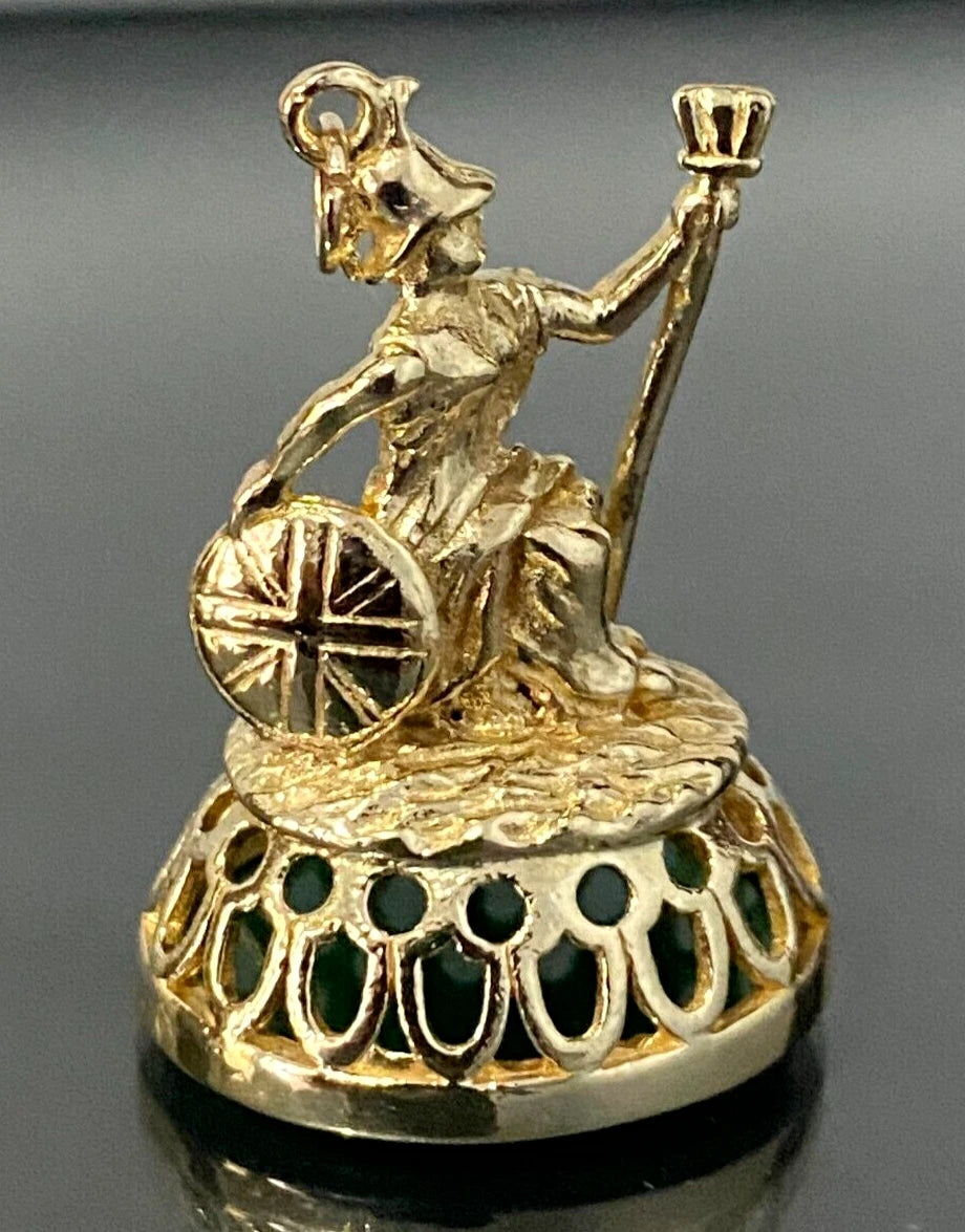 9K Yellow Gold W/ Chrysoprase Intaglio Britannia Charm Seal Fob Pendant