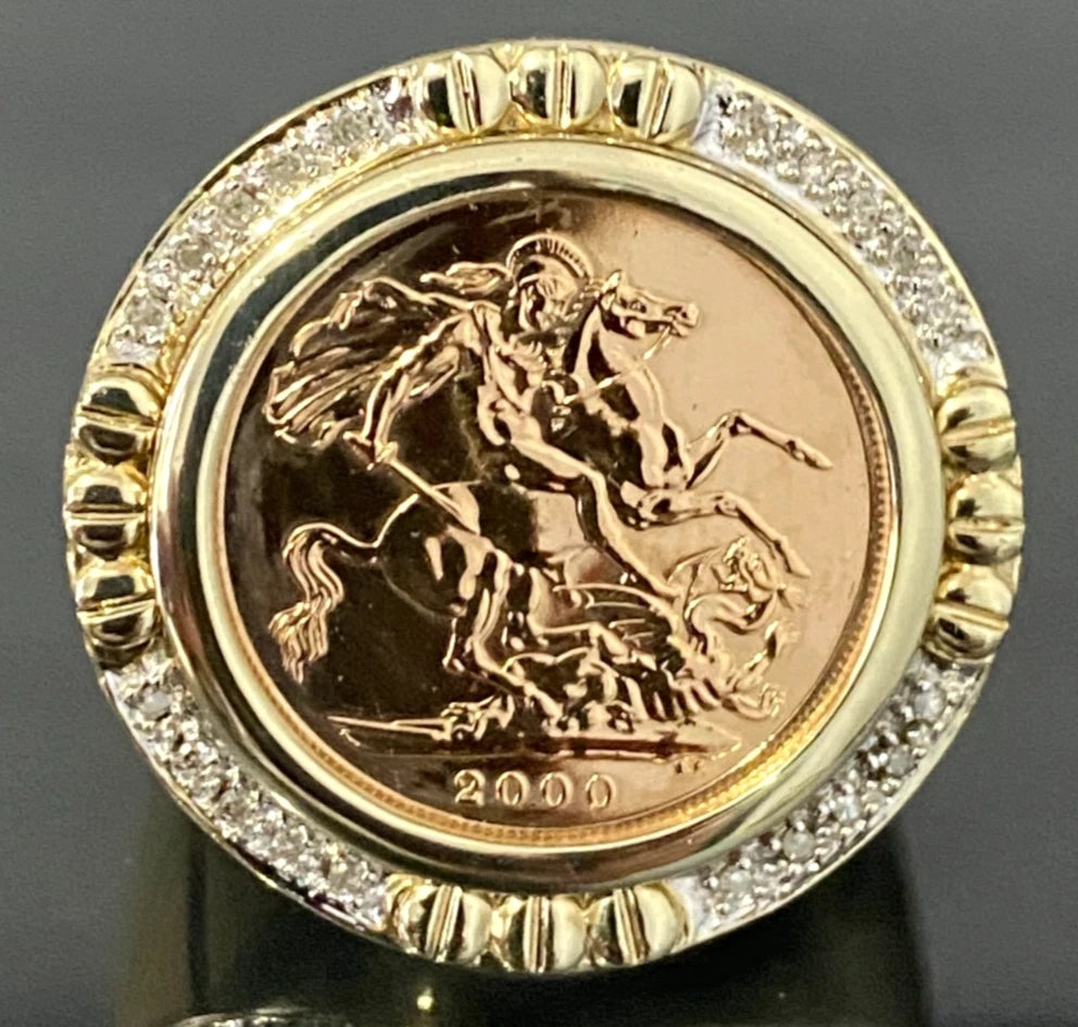 22K Gold Full Sovereign Coin W/ Diamond in 9K Gold Ring Size U - 10 1/2