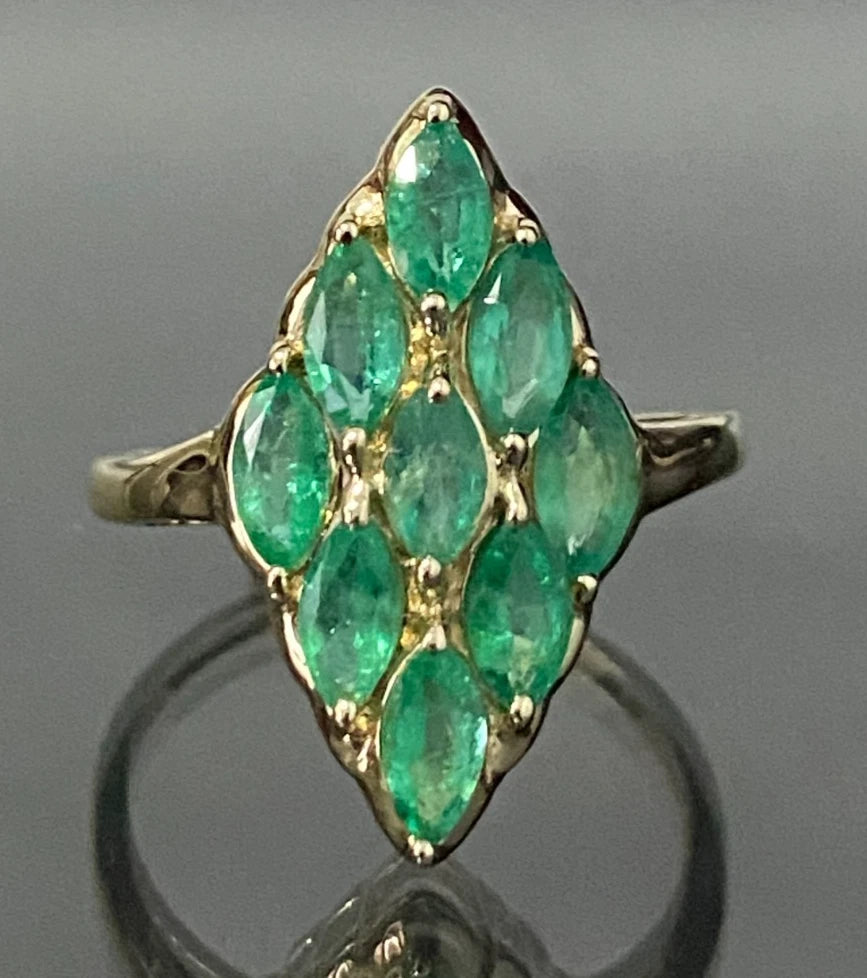9K Yellow Gold & 1.10CT Marquise Emerald Cluster Ring Size Q - 8 1/4