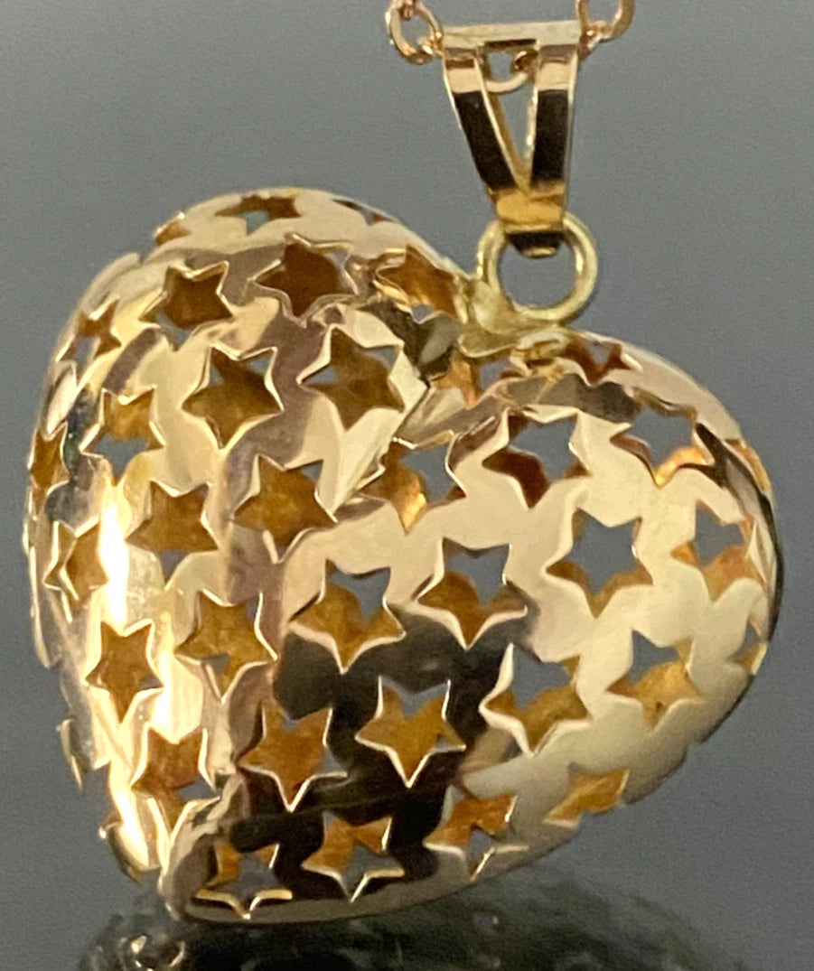 Italian 18K Yellow Gold Star Heart Pendant 30.50mm High