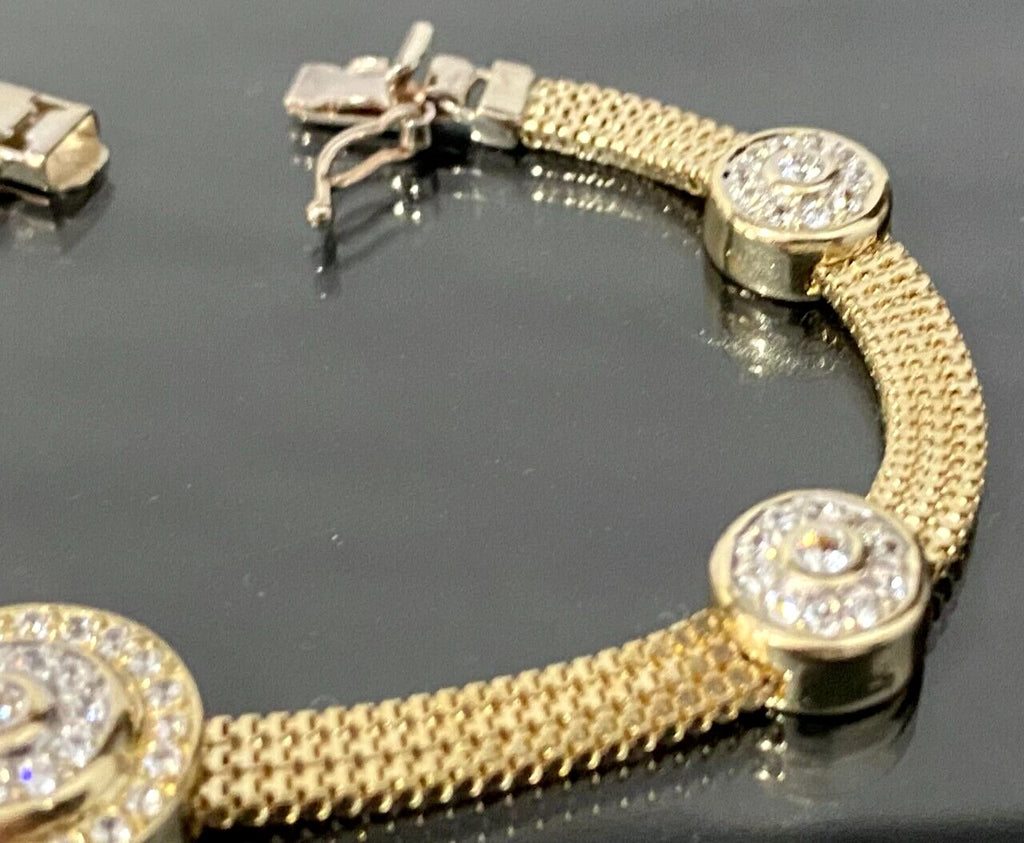 14K Yellow Gold & Cubic Zirconia Mesh Bracelet 18.5cm Long
