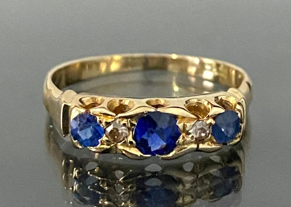 Edwardian 18K Yellow Gold W/ Sapphire & Diamond Ring Size N - 6 3/4