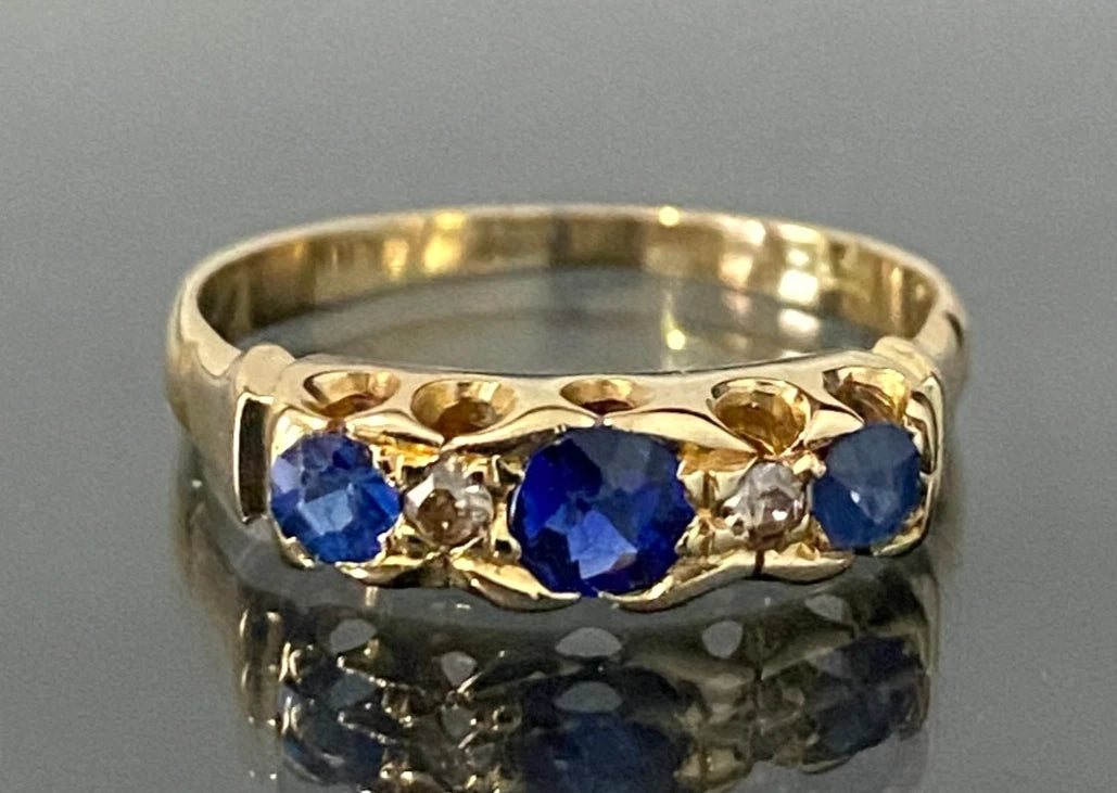 Edwardian 18K Yellow Gold W/ Sapphire & Diamond Ring Size N - 6 3/4