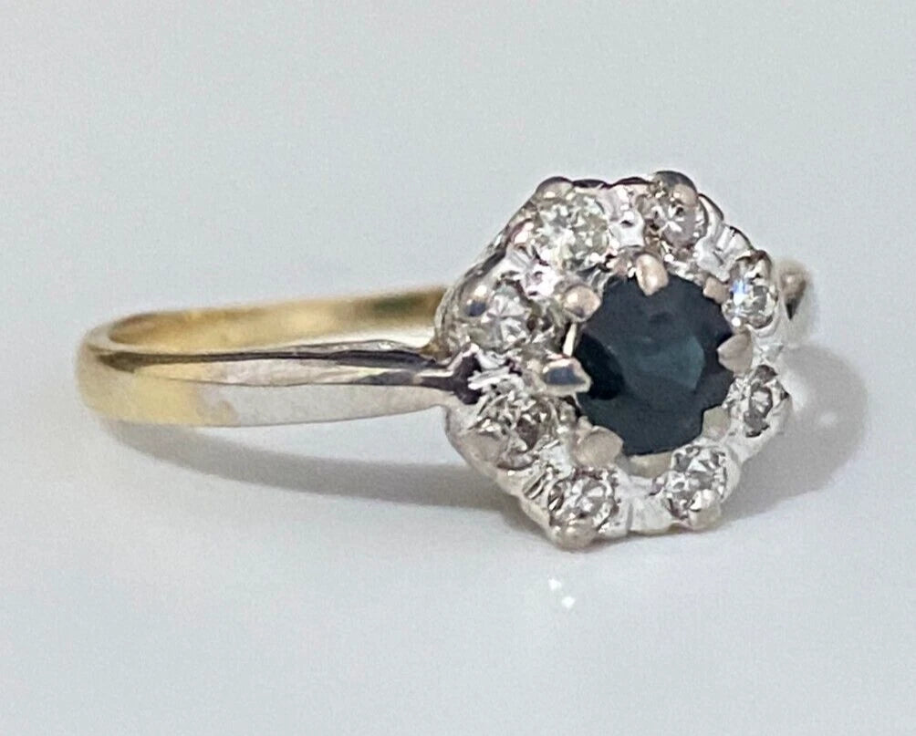 18K Yellow Gold W/ Sapphire & Diamond Cluster Ring Size M 1/2 - 6 1/4