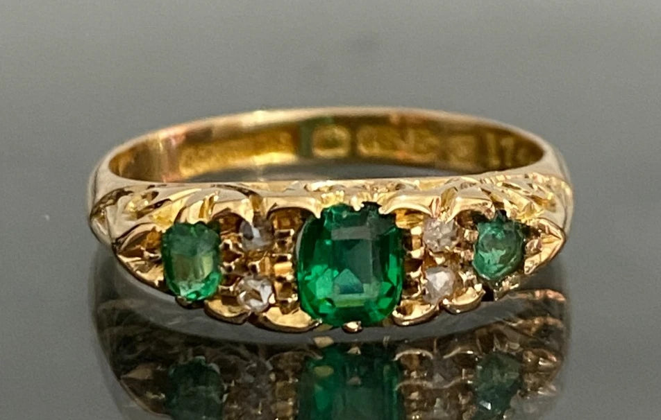 Edwardian 18K Yellow Gold W/ Green Garnet & Diamond Ring C1907 Size L 1/2 (US 6)