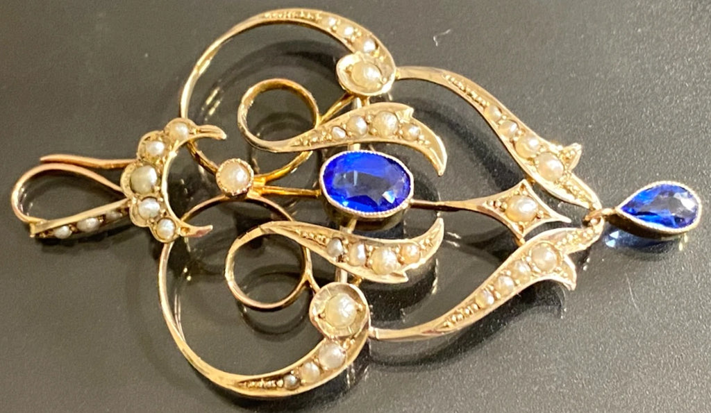 Antique 9ct Yellow Gold Garnet & Seed Pearl Drop Pendant Brooch – 54mm High