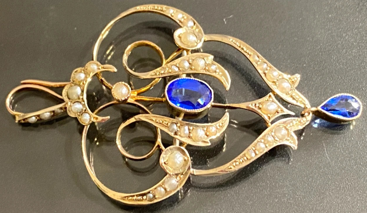 Antique 9ct Yellow Gold Garnet & Seed Pearl Drop Pendant Brooch – 54mm High