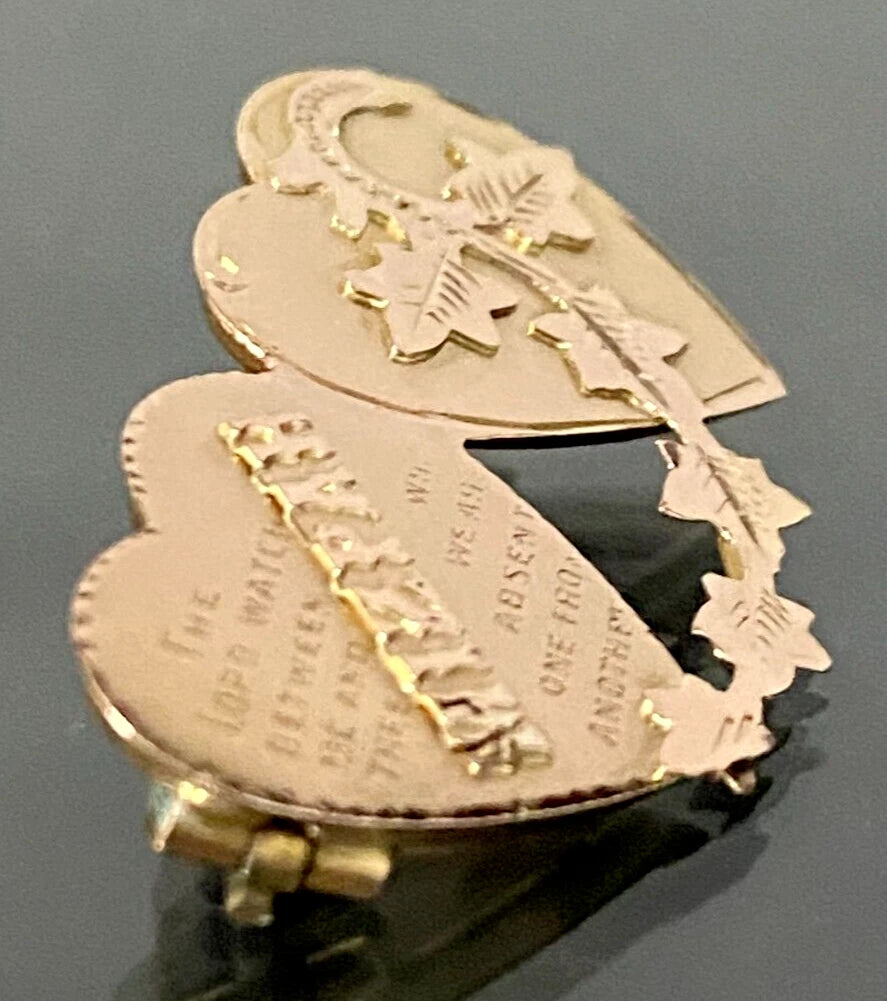 Antique 9K Rose Gold Double Heart Mizpah Brooch
