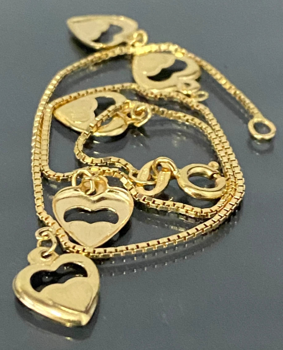 18K Yellow Gold Box Link With Heart Charms Anklet / Bracelet 24.0cm Long