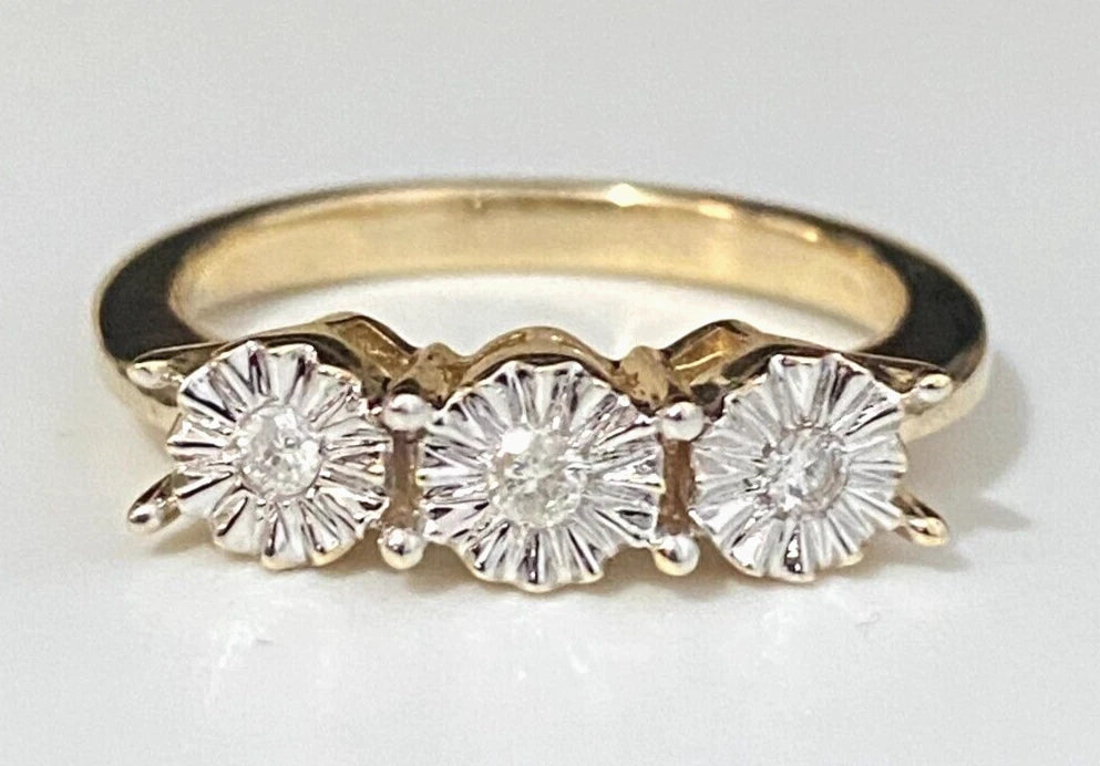 9K Yellow Gold & Diamond Three Stone Illusion Ring Size N - 6 1/2