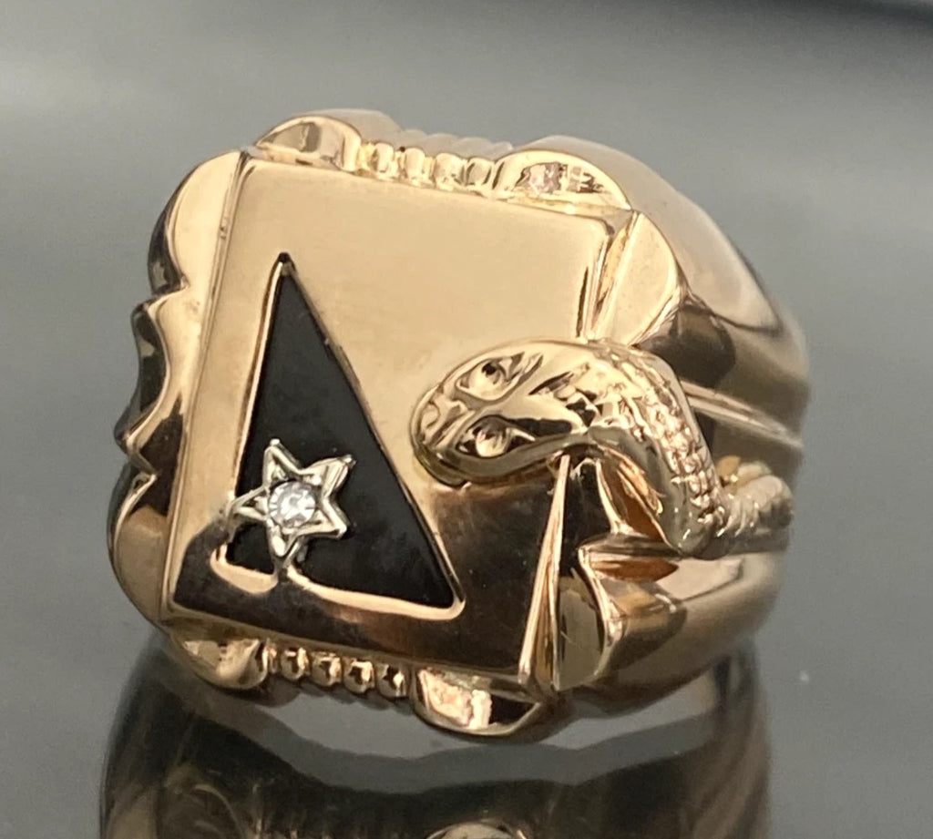 Vintage 18K Solid Yellow Gold Diamond & Black Onyx Serpent Men's Ring - Size R