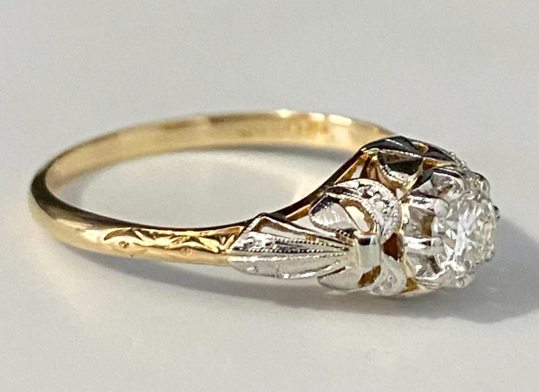 18K Yellow Gold & Platinum 0.25CT Diamond Filigree Ring Size Q 1/2 - 8 5/8