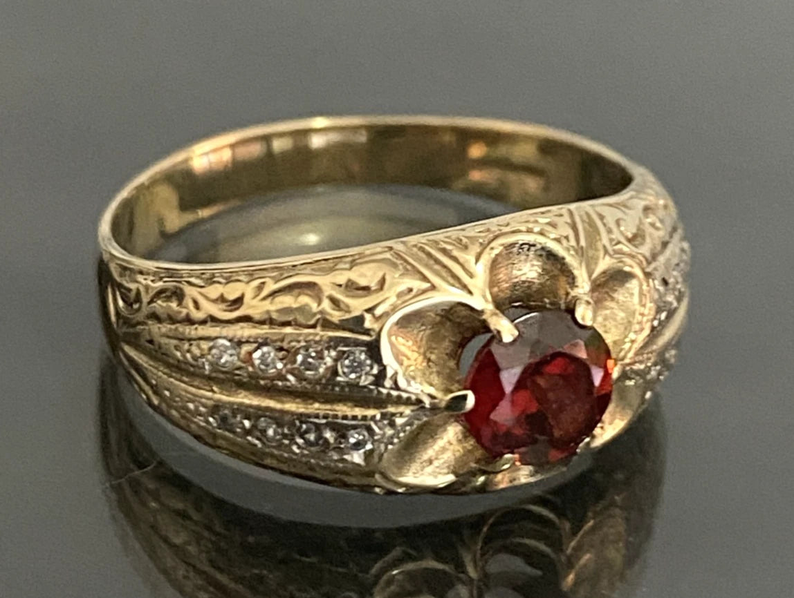 Vintage 9ct Gold Garnet & Diamond Ornate Gypsy Ring – Size X (US 11.75)