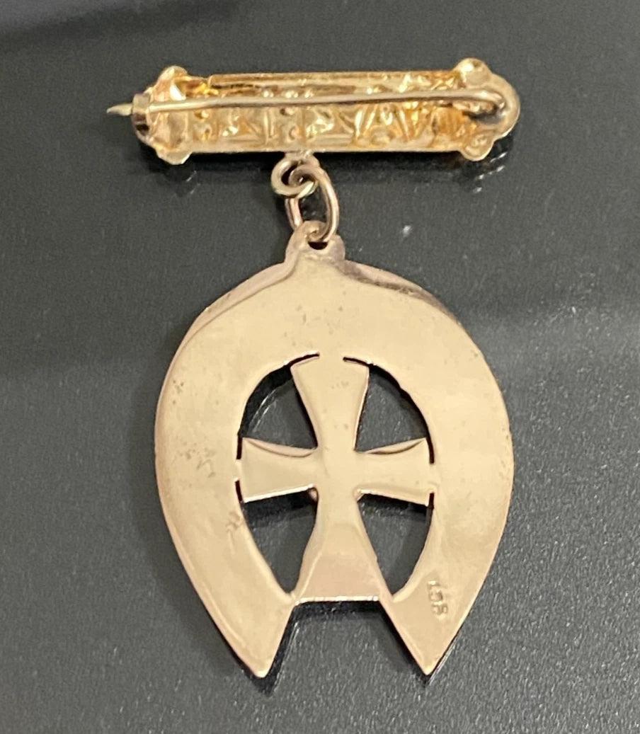 9K Rose Gold Horseshoe & Cross Turquoise NA ZHSH Baby Pin - Antique Jewellery