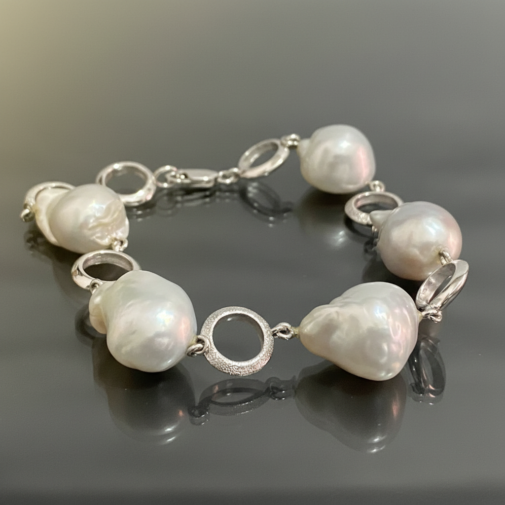 18K White Gold South Sea Baroque Pearl Bracelet 21cm Long
