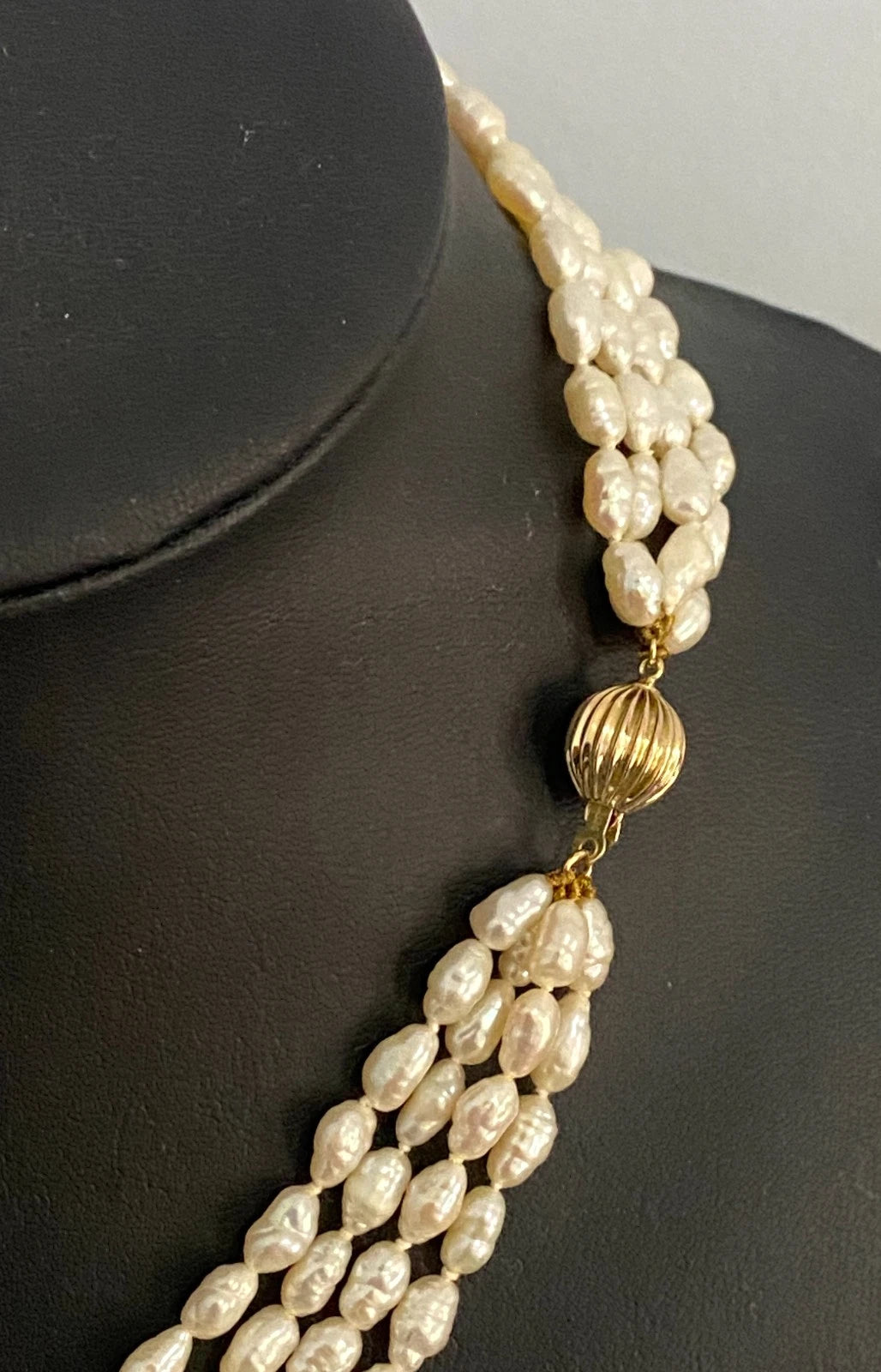 White Cultured Pearl Multi-Strand Necklace W/ 14K Yellow Gold Clasp 44cm Long