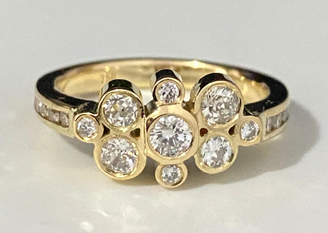 18K Yellow Gold & 0.90CT Diamond Bubble Ring Size N 1/2 - 7
