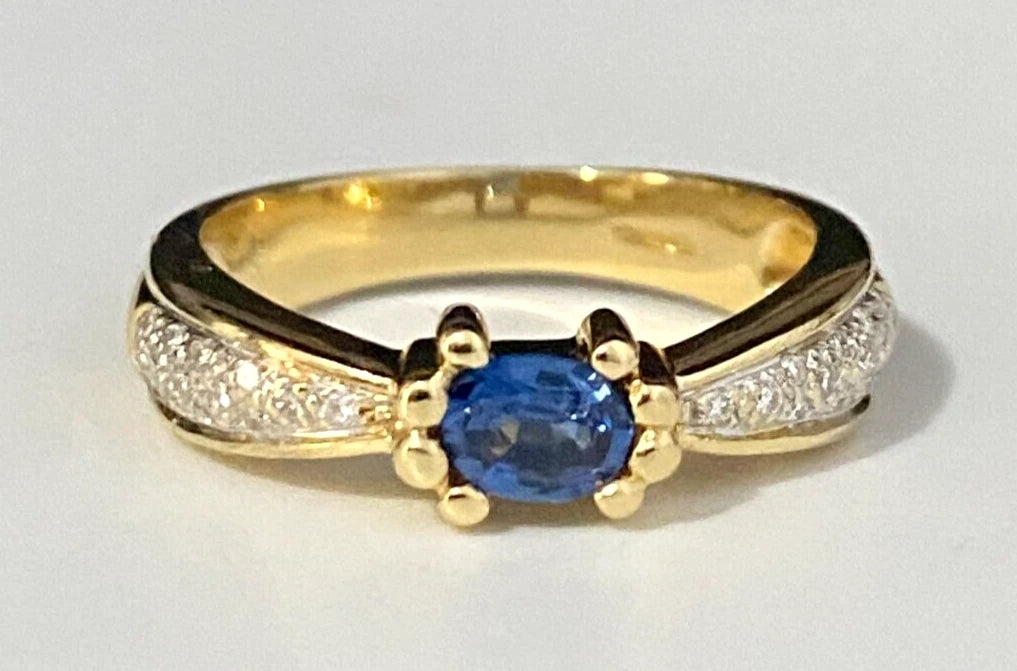 18K Yellow Gold W/ Sapphire & Diamond Ring Size N 1/2 - 6 3/4