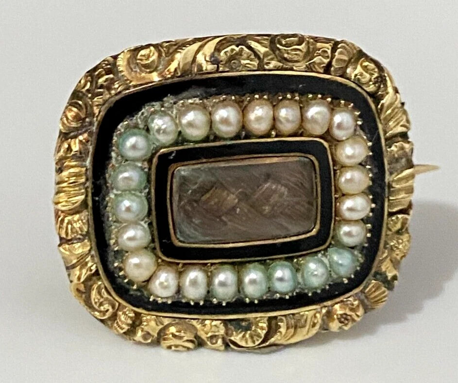 GEORGIAN 15K Gold Pearl & Woven Hairwork Enamel Memorial Brooch DATED 1822
