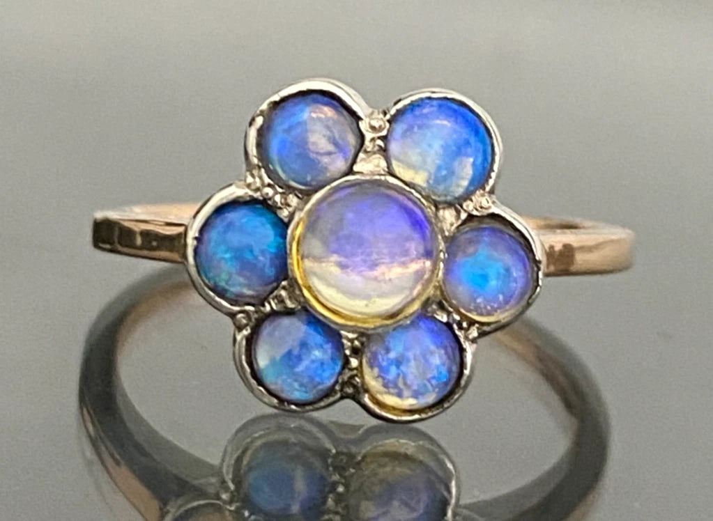 14K Rose Gold & Opal Floral Cluster Ring Size M (US 6.25) - Art Deco Jewellery