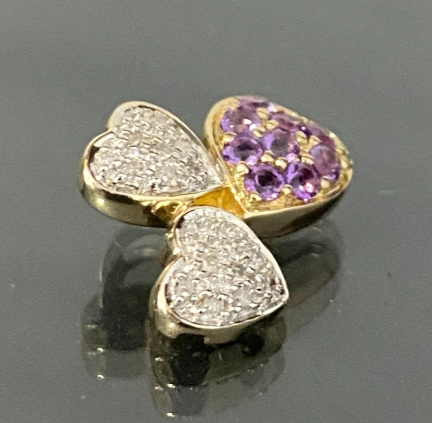 14K Yellow Gold W/ Amethyst & Diamond Triple Heart Pendant