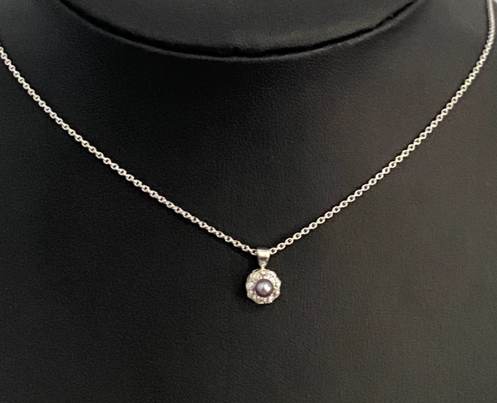 14K White Gold W/ Pearl & Diamond Pendant