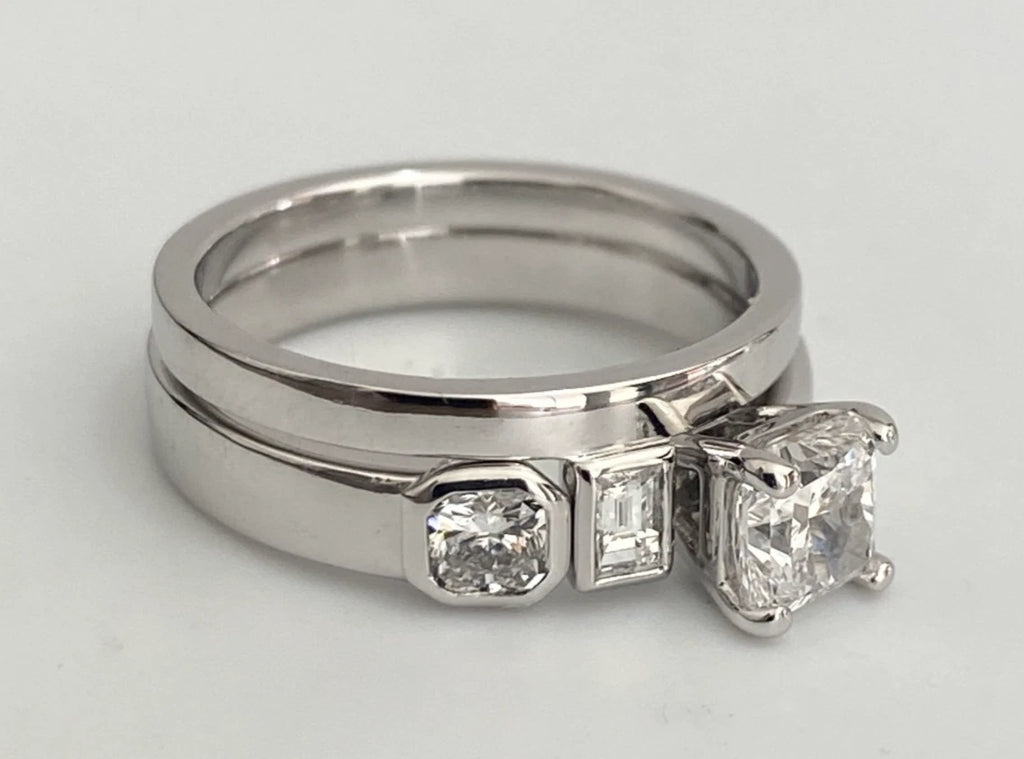 18K White Gold Modern Asymmetrical Diamond Bridal Ring Set - Size J 1/2 (US 5)