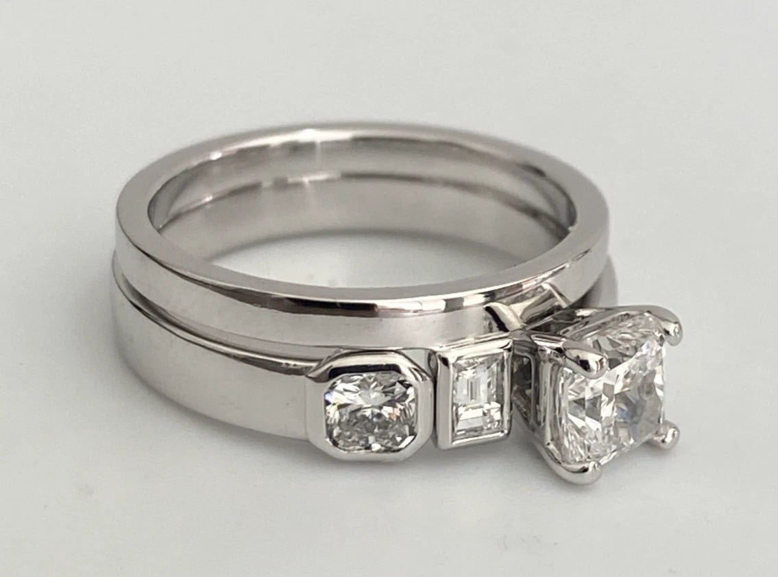 18K White Gold Modern Asymmetrical Diamond Bridal Ring Set - Size J 1/2 (US 5)