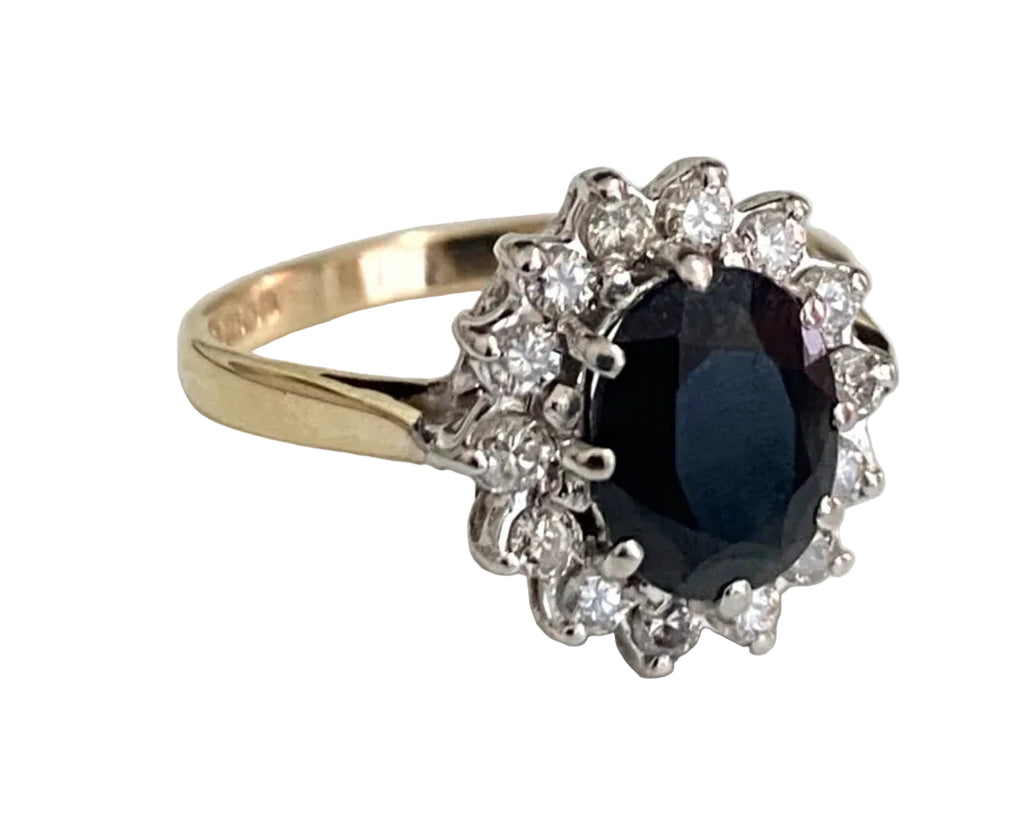9K Yellow Gold W/ Sapphire & Diamond Cluster Ring Size P (US 7.75)