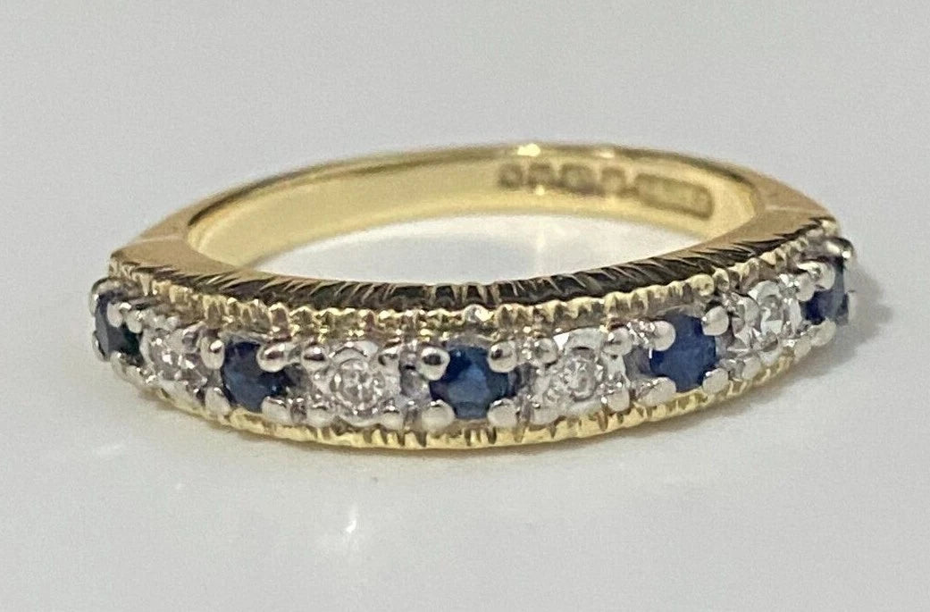 18K Yellow Gold W/ Sapphire & Diamond Eternity Band Ring Size N - 6 1/2