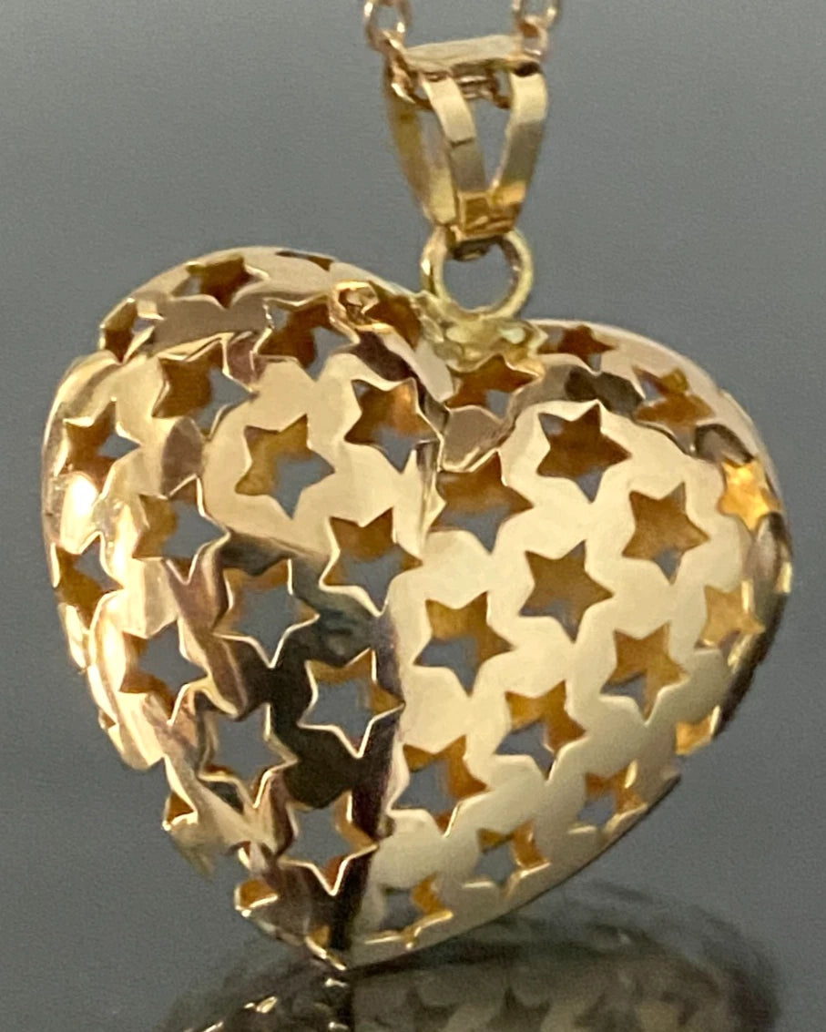 Italian 18K Yellow Gold Star Heart Pendant 30.50mm High