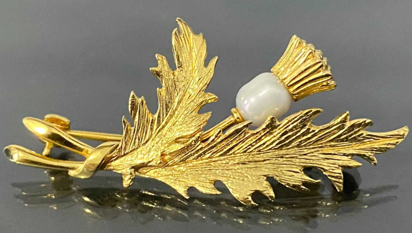 1970's 9K Yellow Gold & Pearls Scottish Thistle Flower Brooch 44.0mm Long