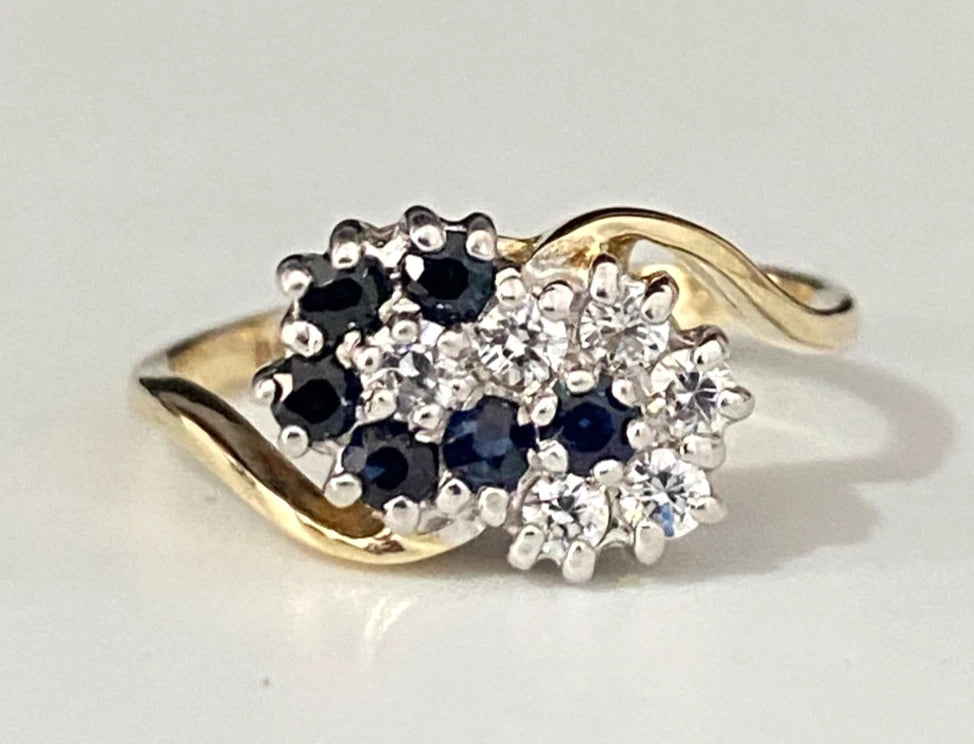 9K Yellow Gold W/ Sapphire & CZ Cluster Crossover Ring Size K - 5 3/8