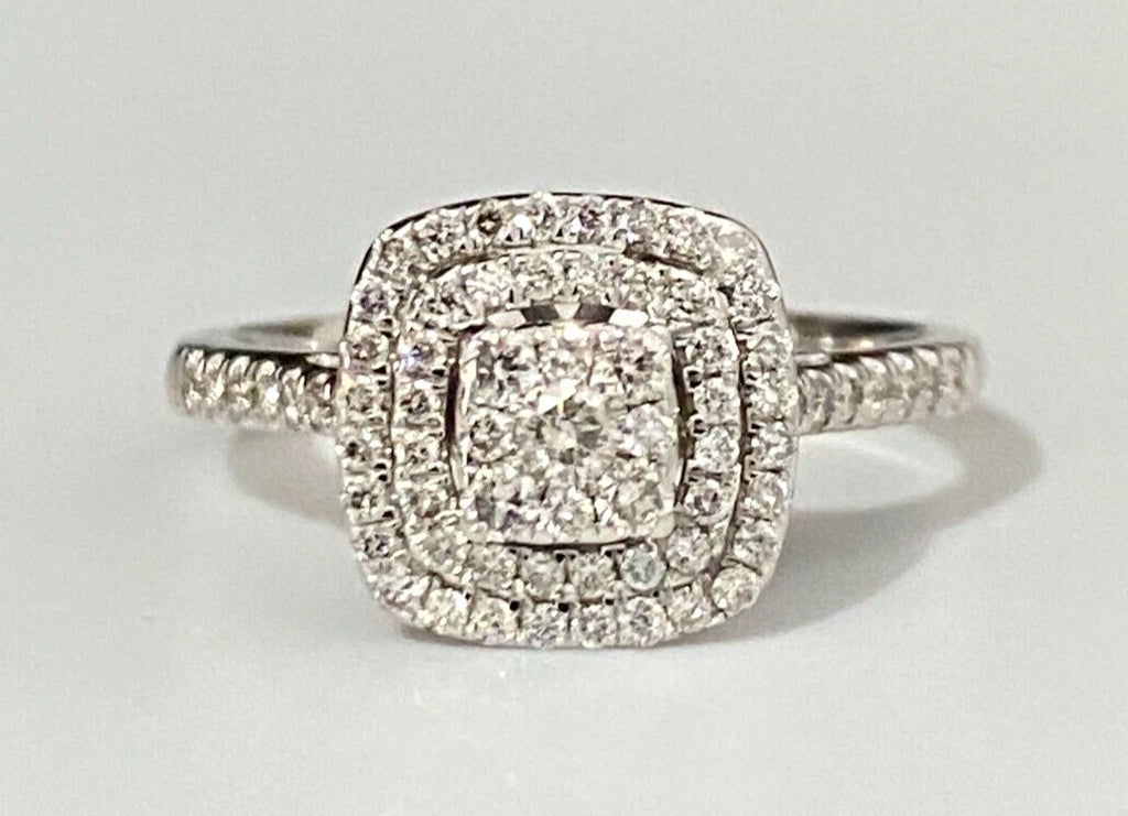 9K White Gold & 0.50CT Diamond Double Halo Engagement Ring Size P - 7 1/2