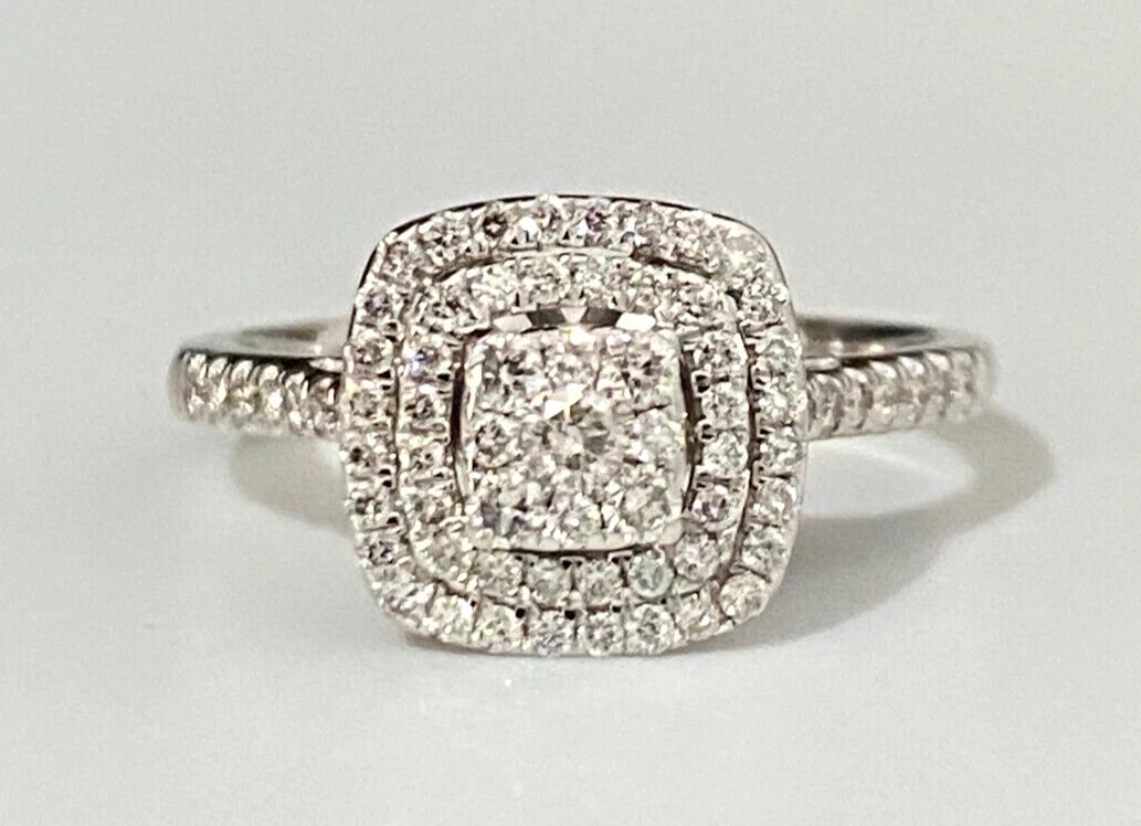9K White Gold & 0.50CT Diamond Double Halo Engagement Ring Size P - 7 1/2
