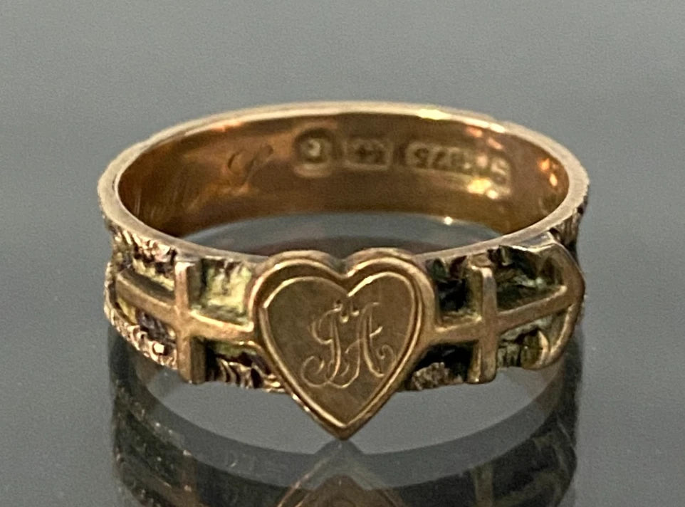 Victorian 9K gold Faith Hope & Charity Woven Hair 'JA' Initial Ring C1879
