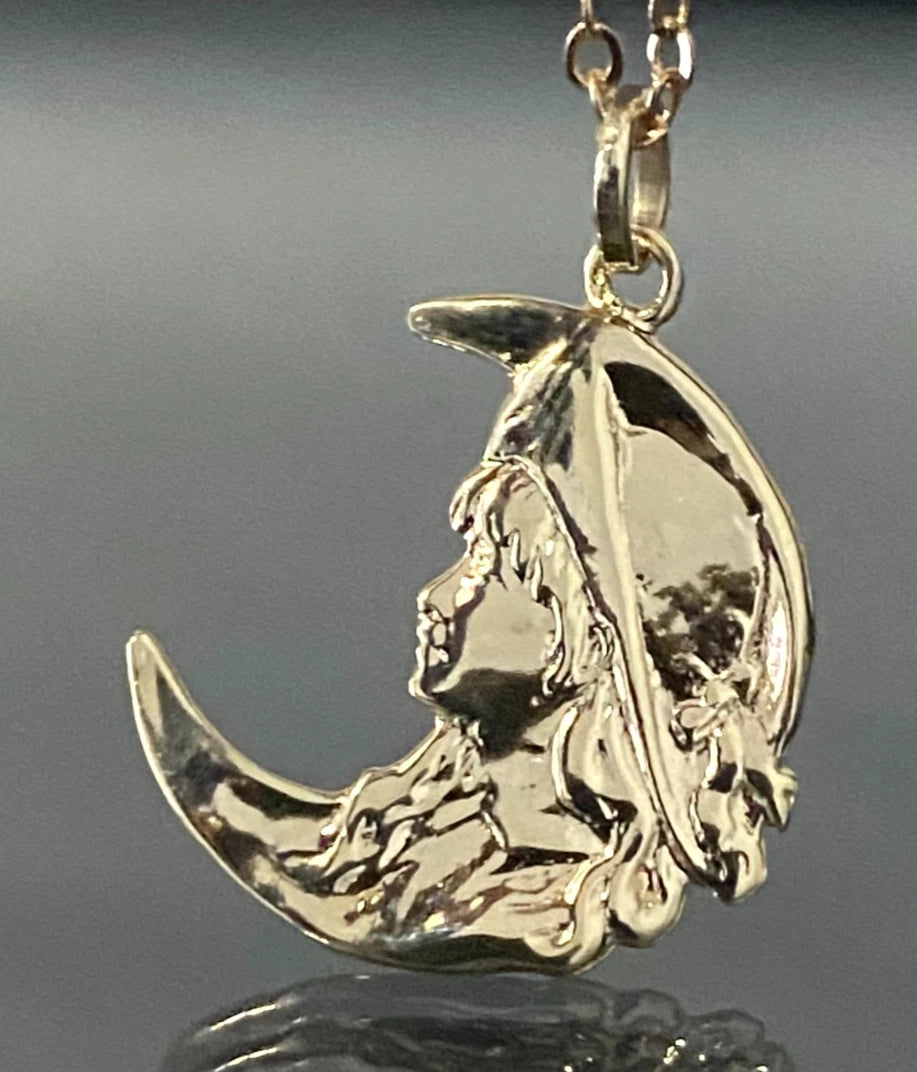 9ct Yellow Gold Lady Crescent Moon Charm / Pendant – 27mm